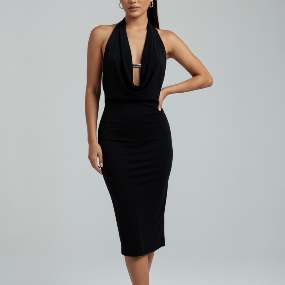 Luly K Vintage 90s Black Halter Plunge Midi Dress Open Back Strappy Vampy Size L